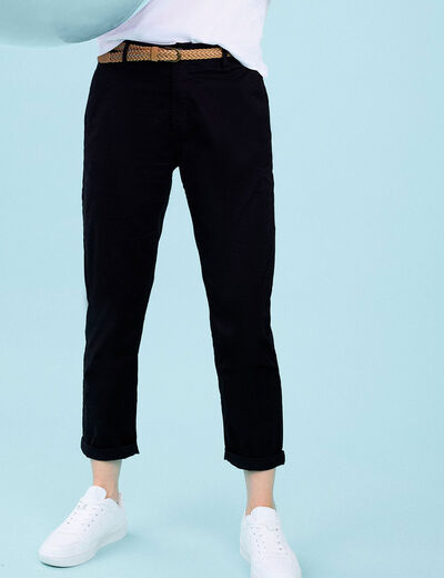 Pantalon chino 7/8ème ceinture tressée noir femme