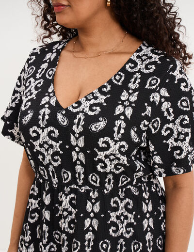 Robe longue gaufr&eacute;e manches courtes noir femme grande taille