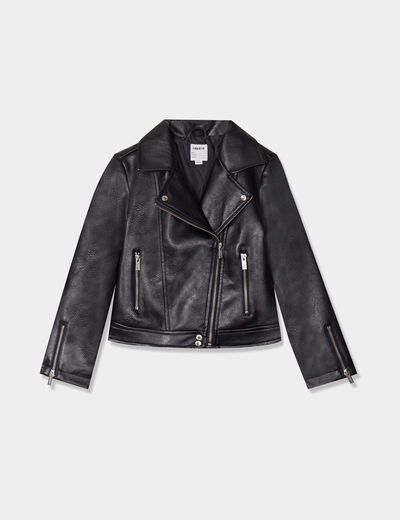 Veste courte biker simili cuir noir fille