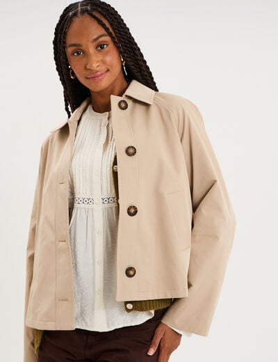 Trench court boutonn&eacute; beige femme