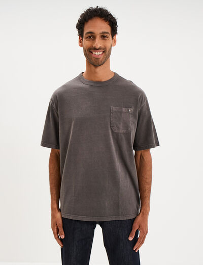 T-shirt droit col rond 1 poche coton gris fonc&eacute; homme