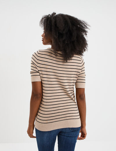 Pull manches courtes col rond beige femme