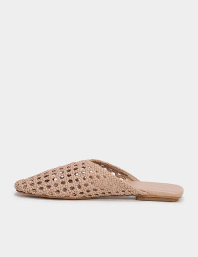 Mules plates carr&eacute;es effet tress&eacute; creme femme