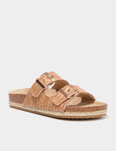 Mules plates tress&eacute;es avec boucles marron femme