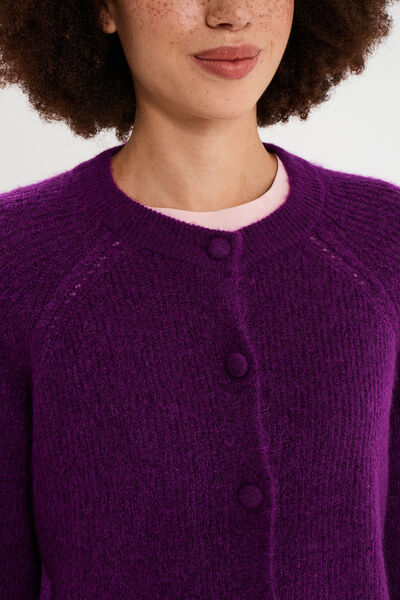 Gilet cardigan col rond boutonn&eacute; violet fonc&eacute; femme