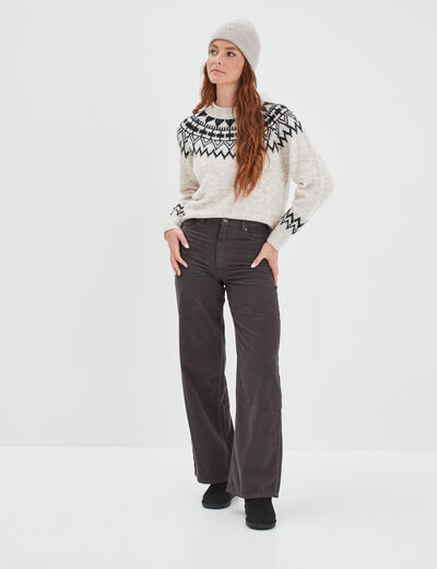 Pantalon velours taille haute large gris foncé femme