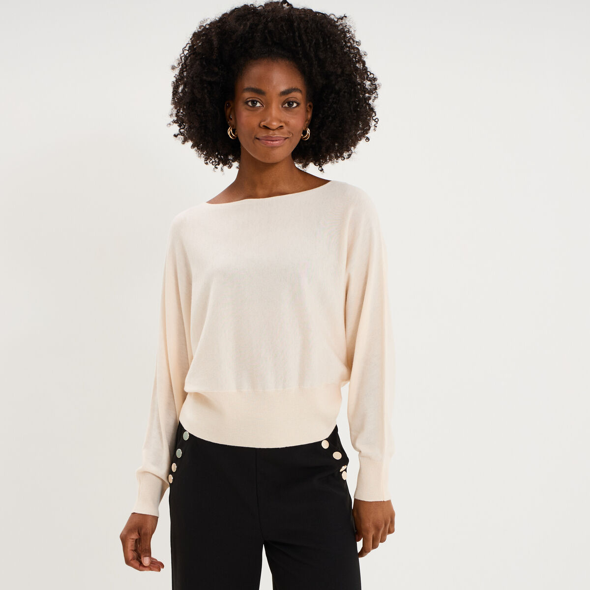 Pull encolure bateau manches longues beige femme