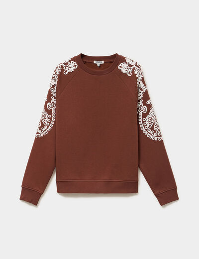 Sweat manches brod&eacute;es col rond marron fonc&eacute; femme