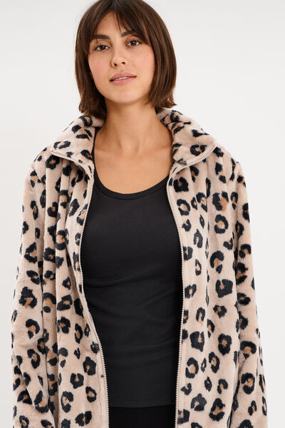 Veste de pyjama effet polaire zipp&eacute;e beige femme