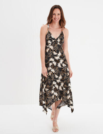 Robe longue évasée asymétrique noir femme