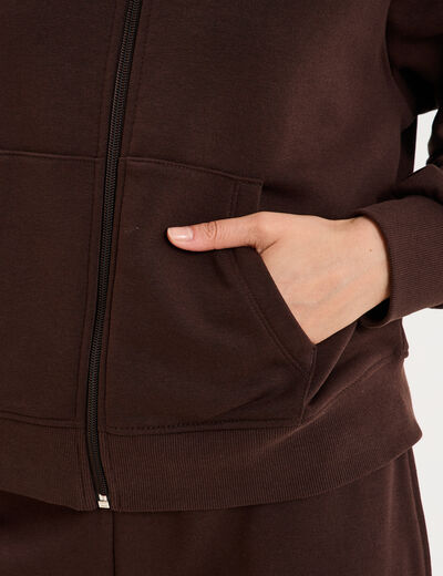 Sweat zipp&eacute; molleton col montant marron fonc&eacute; femme