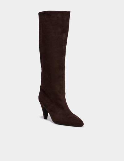 Bottes hautes su&eacute;dine kitten heels 5 cm marron fonc&eacute; femme