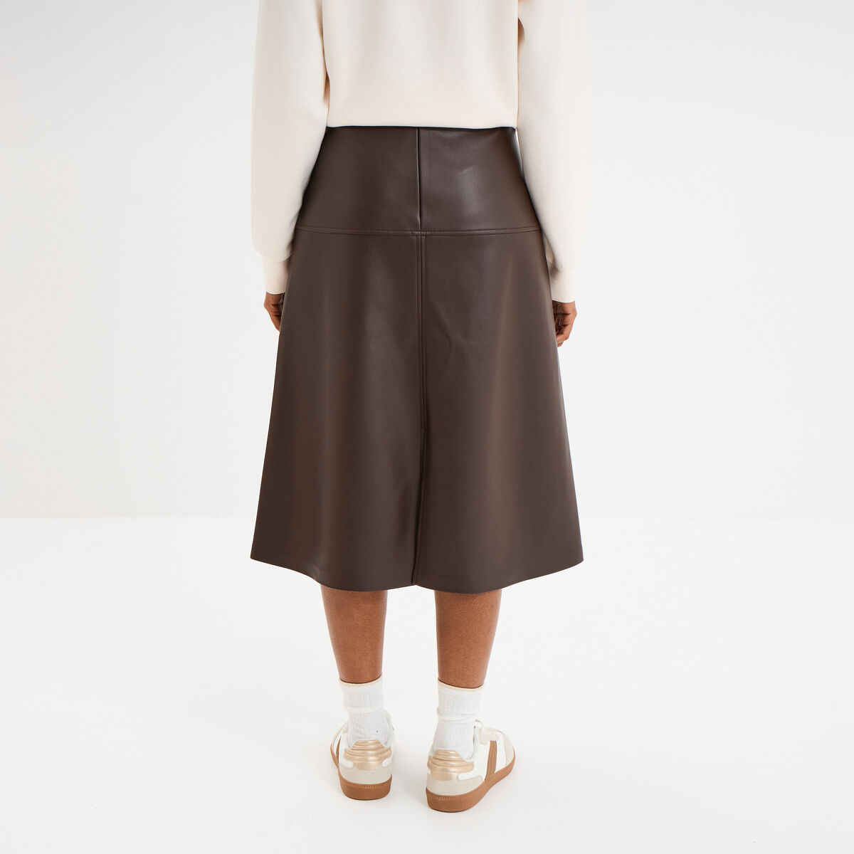 Jupe longue simili cuir trap&egrave;ze marron fonc&eacute; femme