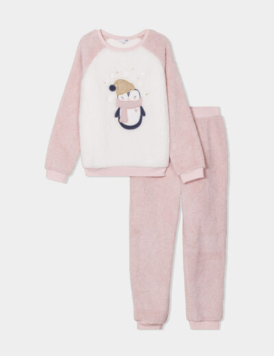 Ensemble pyjama pantalon effet polaire rose pastel femme