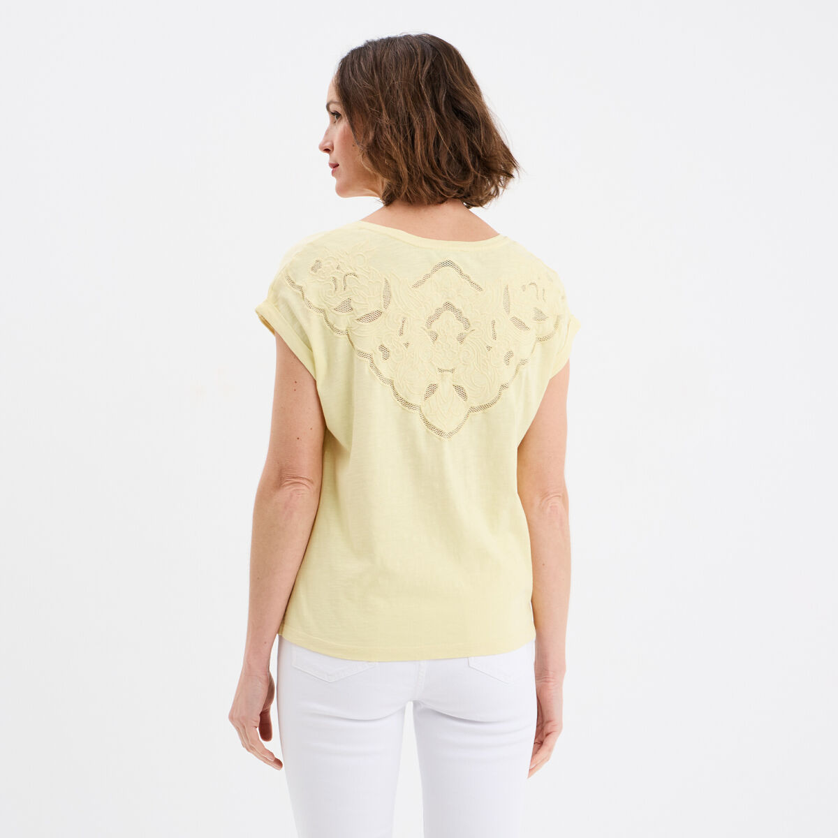 T-shirt dos dentelle brod&eacute;e coton jaune clair femme