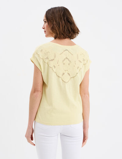 T-shirt dos dentelle brodée coton jaune clair femme