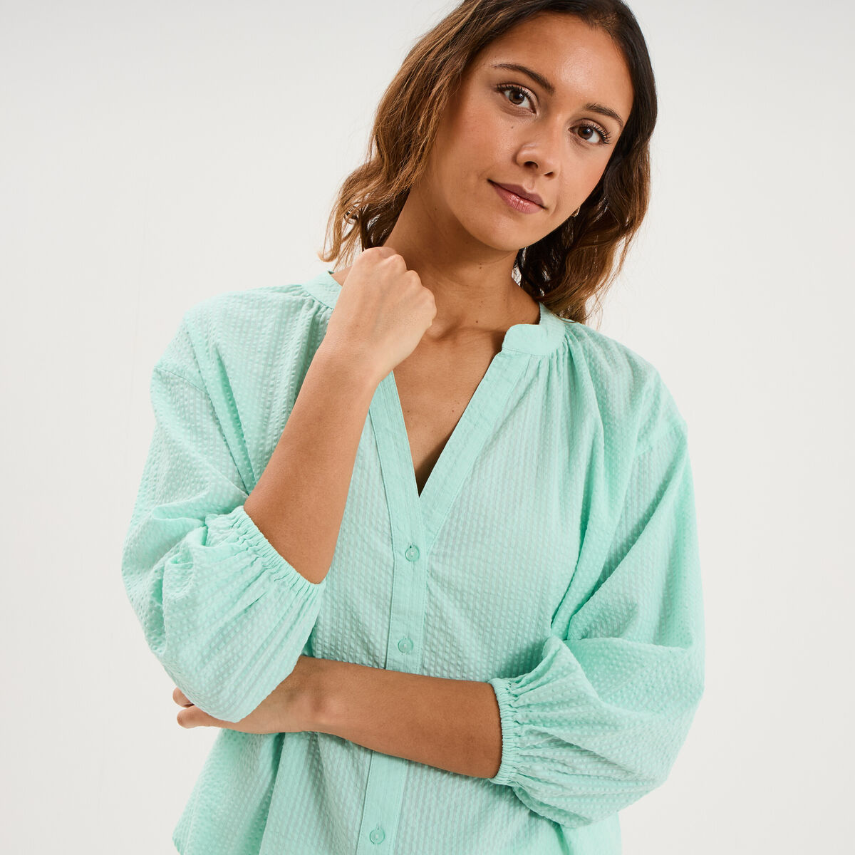 Blouse col tunisien manches 3/4 coton vert clair femme