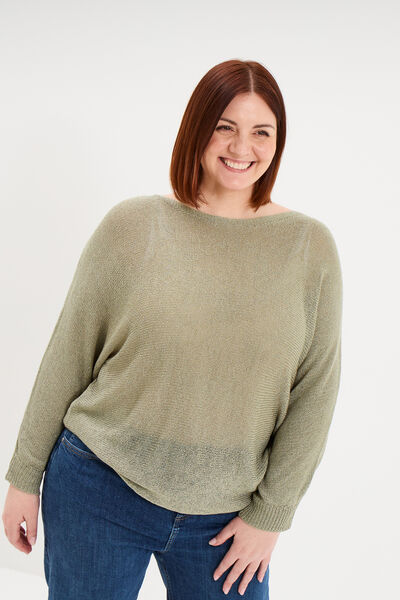 Pull manches longues col rond vert kaki femme grande taille