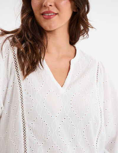 Blouse broderie anglaise manches 3/4 blanc femme grande taille