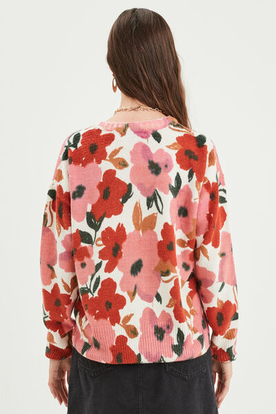 Pull col rond manches longues multicolore femme