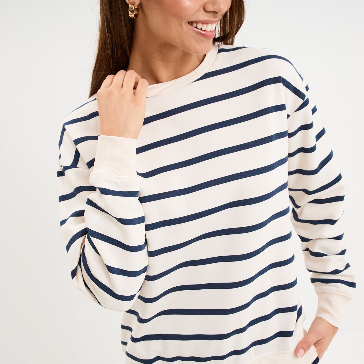 Sweat marini&egrave;re molleton manches longues ecru femme