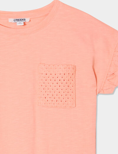 T-shirt poche broderie anglaise coton rose saumon fille