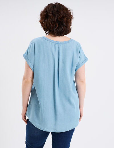 Blouse col tunisien manches courtes bleu clair femme grande taille