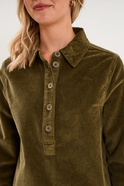 Robe droite velours col chemise vert kaki femme