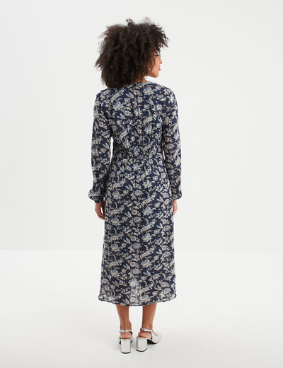 Robe longue fluide et &eacute;vas&eacute;e bleu marine femme