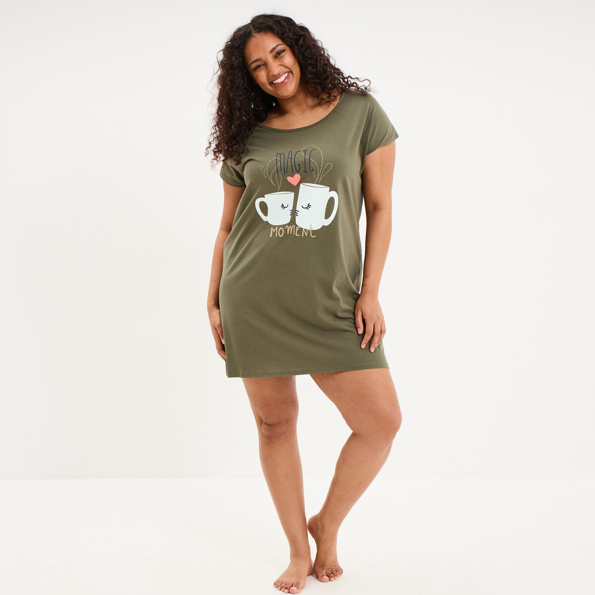 Chemise de nuit courte col rond coton vert kaki femme grande taille