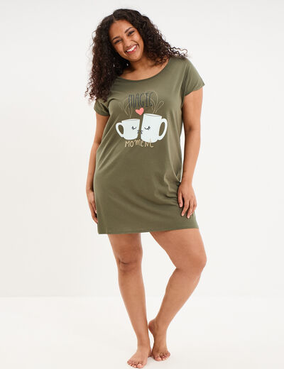 Chemise de nuit courte col rond coton vert kaki femme grande taille