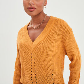 Pull avec détails ajourés jaune moutarde femme