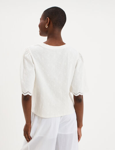 T-shirt brod&eacute; manches courtes coton blanc femme