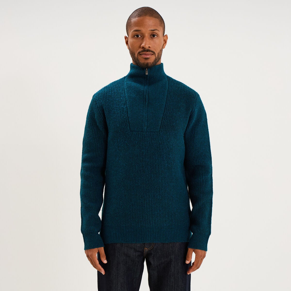 Pull avec col camionneur c&ocirc;tel&eacute; bleu canard homme