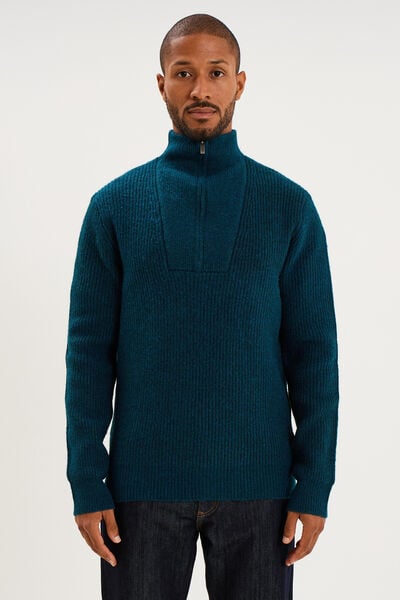 Pull avec col camionneur c&ocirc;tel&eacute; bleu canard homme