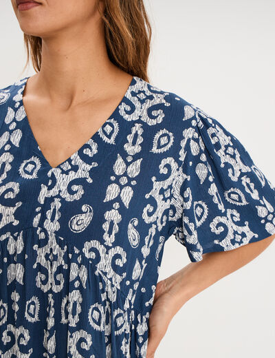 Robe fluide genou col en V bleu marine femme