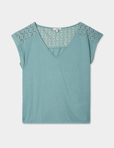 T-shirt dos dentelle col en V bleu gris femme