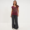 T-shirt coton col en V manches courtes violet fonc&eacute; femme