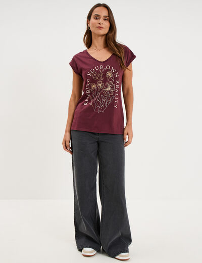 T-shirt coton col en V manches courtes violet fonc&eacute; femme