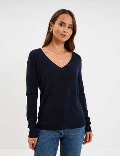 Pull col en V manches longues bleu marine femme