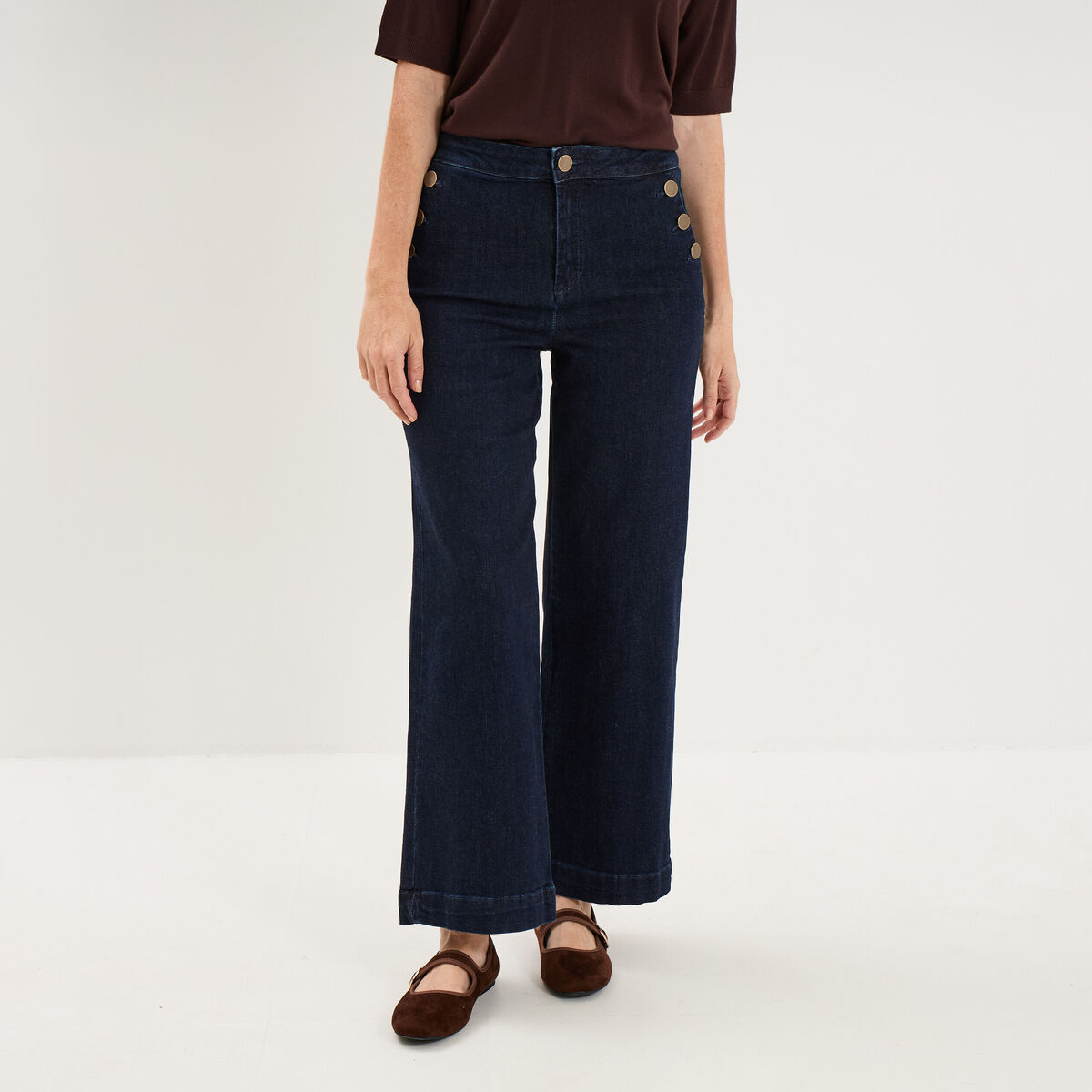 Jean large cropped &agrave; pont taille haute denim brut femme