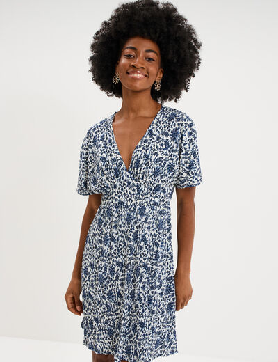 Robe courte effet pliss&eacute; manches courtes blanc femme