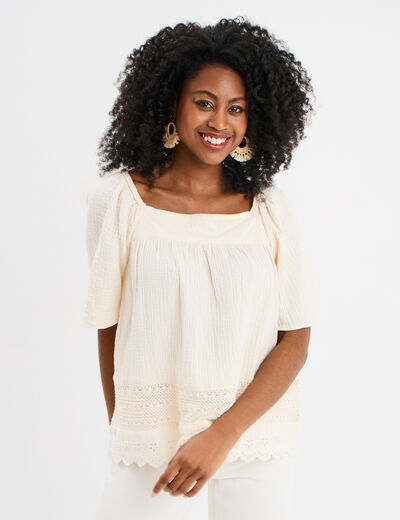 Blouse manches papillons gaze de coton creme femme