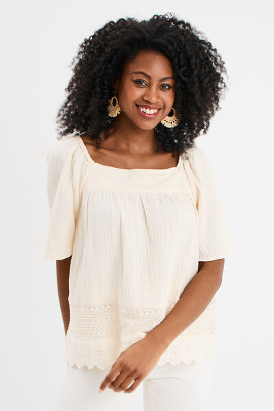 Blouse manches papillons gaze de coton creme femme