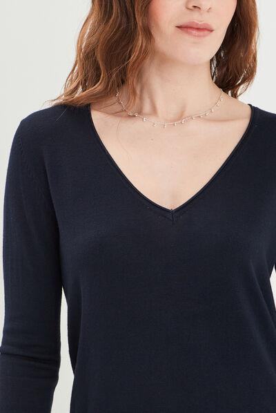 Pull avec col en V bleu marine femme
