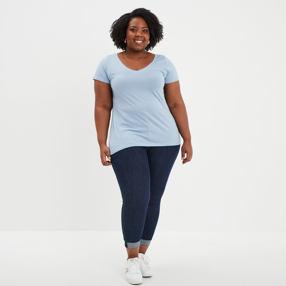 T-shirt col en V manches courtes coton bleu clair femme grande taille