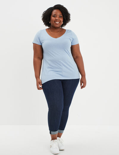 T-shirt col en V manches courtes coton bleu clair femme grande taille