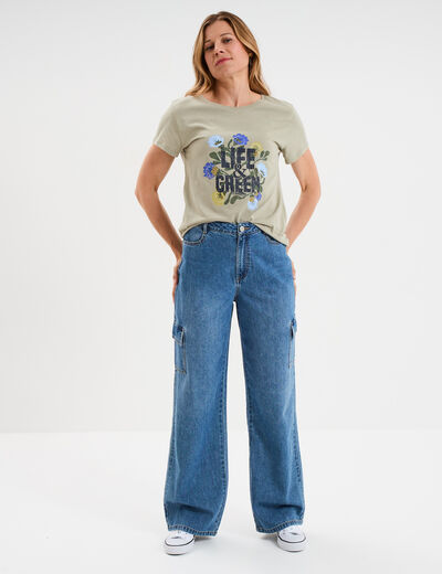 Jeans cargo large coton denim stone femme