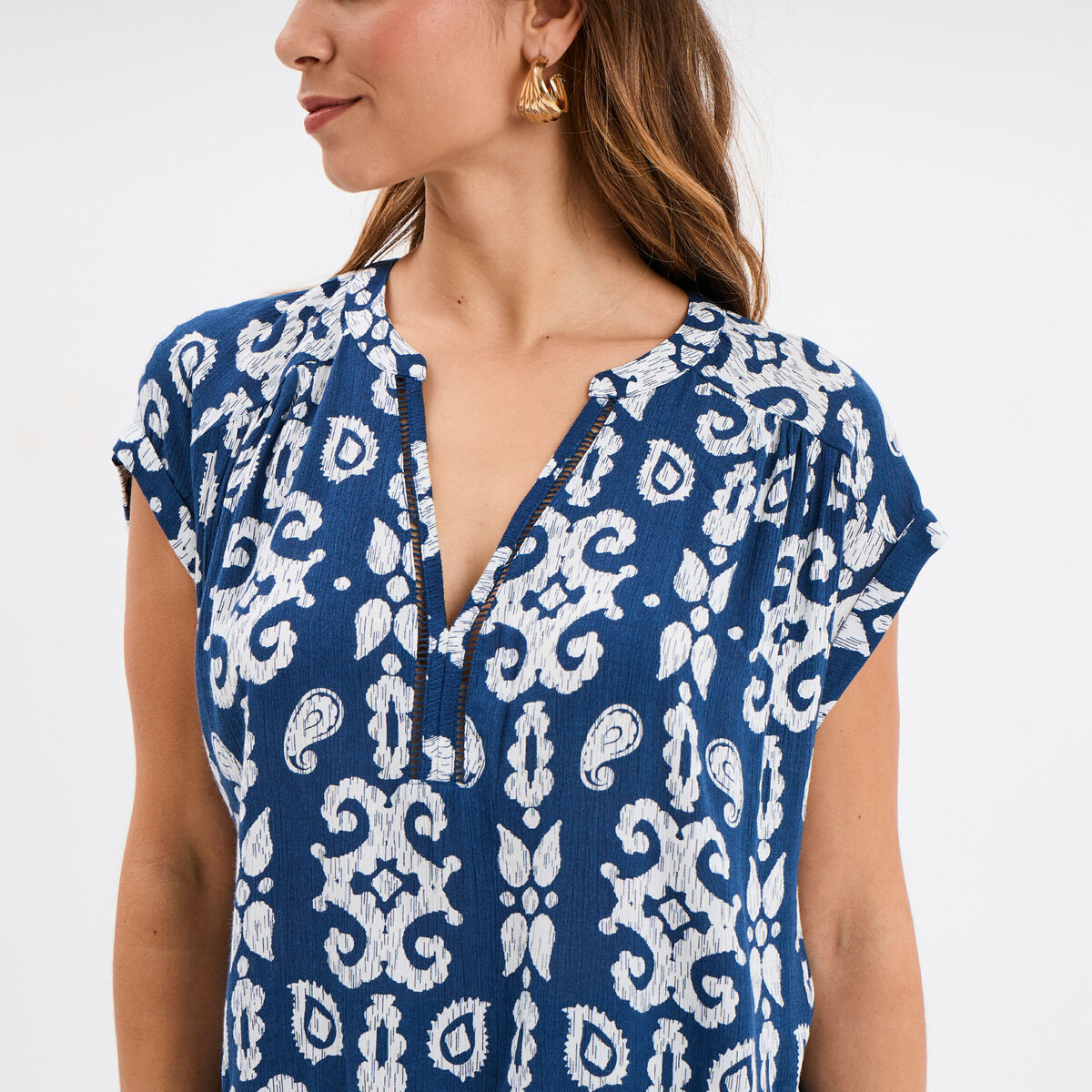 Blouse cr&eacute;pon manches courtes bleu marine femme