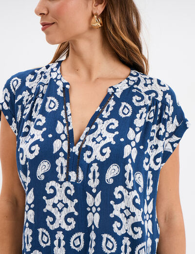 Blouse cr&eacute;pon manches courtes bleu marine femme